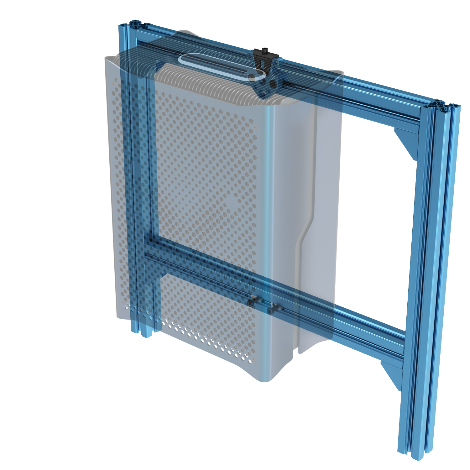 3D rendering of a cooling unit mounted on a structural frame for industrial use.